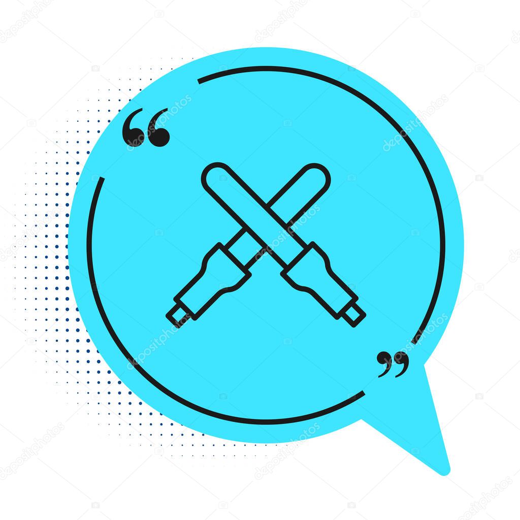 Black line Marshalling wands for the aircraft icon isolated on white background. Marshaller communicated with pilot before and after flight. Blue speech bubble symbol. Vector.