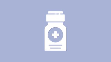 Mor arka planda beyaz ilaç şişesi simgesi var. Şişe hapı işareti. Eczane tasarımı. 4K Video hareketli grafik canlandırması