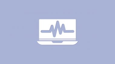 Mor arkaplanda kardiyogram simgesi olan beyaz dizüstü bilgisayar. Simge denetleniyor. Kalp atışı elle çizilmiş EKG monitörü. 4K Video hareketli grafik canlandırması
