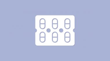Beyaz haplar mor arka planda izole edilmiş su toplayıcı ikonunda. İlaç paketi. Tablet, vitamin, antibiyotik, aspirin. 4K Video hareketli grafik canlandırması