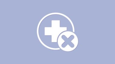 White Cross Hastanesi tıbbi ikonu, mor arka planda izole edilmiş. İlk yardım. Teşhis sembolü. İlaç ve eczane işareti. 4K Video hareketli grafik canlandırması
