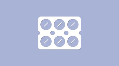 Beyaz haplar mor arka planda izole edilmiş su toplayıcı ikonunda. İlaç paketi. Tablet, vitamin, antibiyotik, aspirin. 4K Video hareketli grafik canlandırması