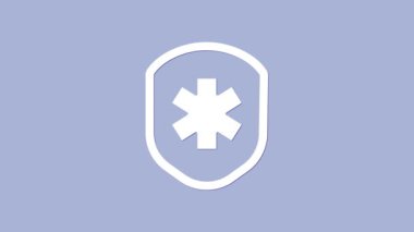 Mor arka planda çapraz ikonu olan beyaz tıbbi kalkan. Koruma, güvenlik, şifre güvenliği. 4K Video hareketli grafik canlandırması