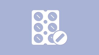 Beyaz haplar mor arka planda izole edilmiş su toplayıcı ikonunda. İlaç paketi. Tablet, vitamin, antibiyotik, aspirin. 4K Video hareketli grafik canlandırması