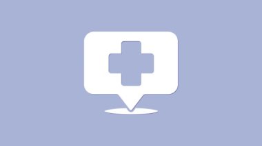 Mor arkaplanda hastane simgesi olan beyaz tıbbi harita işaretçisi. 4K Video hareketli grafik canlandırması