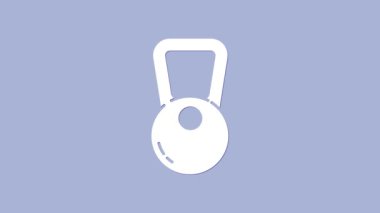 Beyaz Kettlebell simgesi mor arkaplanda izole edilmiş. Spor malzemeleri. 4K Video hareketli grafik canlandırması