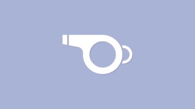 Beyaz Düdük simgesi mor arkaplanda izole edildi. Hakem sembolü. Spor ve spor burcu. 4K Video hareketli grafik canlandırması