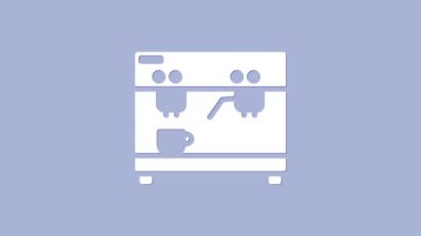 Mor arkaplanda beyaz kahve makinesi simgesi var. 4K Video hareketli grafik canlandırması