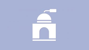 Beyaz manuel kahve öğütücü ikonu mor arka planda izole edilmiş. 4K Video hareketli grafik canlandırması