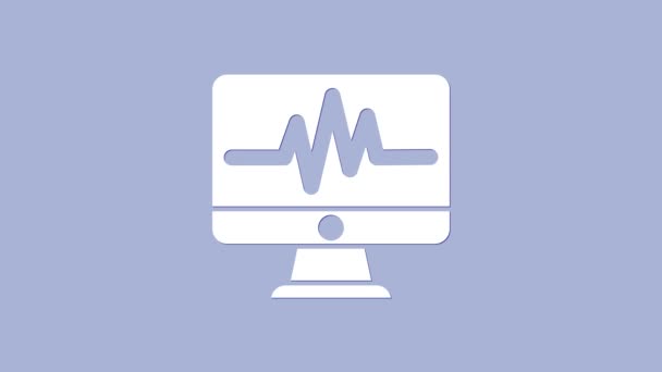 Monitor de computador branco com ícone de cardiograma isolado em fundo roxo. Ícone de monitoramento. Monitor de ECG com mão batida cardíaca desenhada. Animação gráfica em movimento de vídeo 4K — Vídeo de Stock