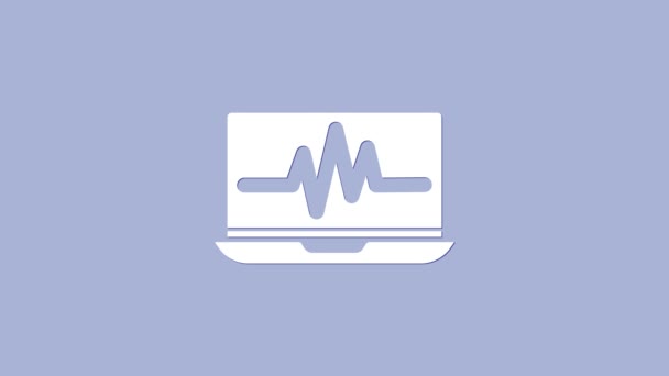 Білий ноутбук з піктограмою кардіограми ізольовано на фіолетовому фоні. Піктограма моніторингу. ЕКГ монітор з серцебиттям намальованої руки. 4K Відео рух графічна анімація — стокове відео