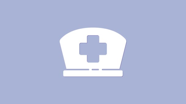 クロスアイコンが紫色の背景に隔離されたホワイトナーハット。看護師キャップサイン。4Kビデオモーショングラフィックアニメーション — ストック動画
