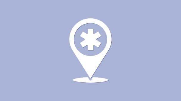 Puntero médico blanco con icono de hospital cruzado aislado sobre fondo púrpura. Animación gráfica de vídeo 4K — Vídeo de stock