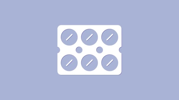 Pastillas blancas en blister icono del envase aislado sobre fondo púrpura. Paquete médico para tabletas, vitaminas, antibióticos, aspirina. Animación gráfica de vídeo 4K — Vídeos de Stock