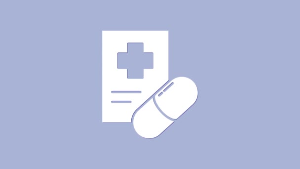 Icona di prescrizione medica bianca isolata su sfondo viola. Modulo Rx. Ricetta medica. Farmacia o medicina simbolo. Animazione grafica 4K Video motion — Video Stock