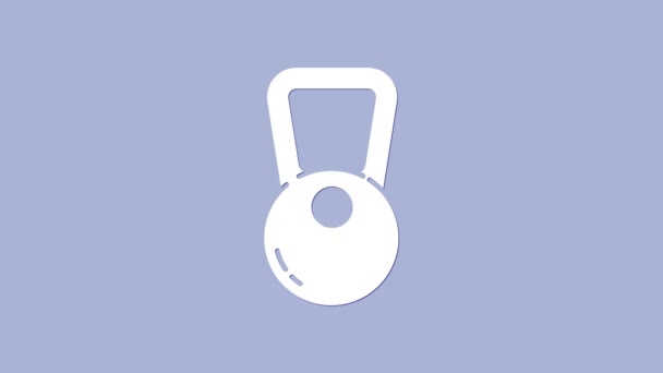 Белая иконка гиря выделена на фиолетовом фоне. Спортивное оборудование. Видеографическая анимация 4K — стоковое видео