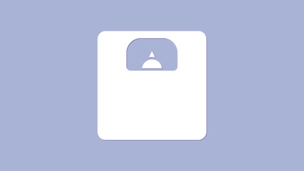 Biała łazienka łuski ikona izolowane na fioletowym tle. Sprzęt do pomiaru wagi. Waga Skala fitness koncepcji sportu. 4K Animacja graficzna ruchu wideo — Wideo stockowe
