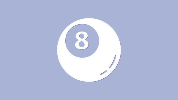 白いビリヤードプールのスヌーカーボールのアイコンは、紫の背景に隔離された。4Kビデオモーショングラフィックアニメーション — ストック動画