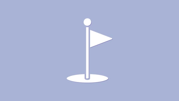 Icono de bandera de golf blanco aislado sobre fondo púrpura. Equipo de golf o accesorio. Animación gráfica de vídeo 4K — Vídeo de stock