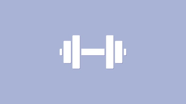 Icono de mancuerna blanca aislado sobre fondo púrpura. Icono de levantamiento muscular, barra de fitness, gimnasio, equipo deportivo, bumbbell ejercicio. Animación gráfica de vídeo 4K — Vídeo de stock
