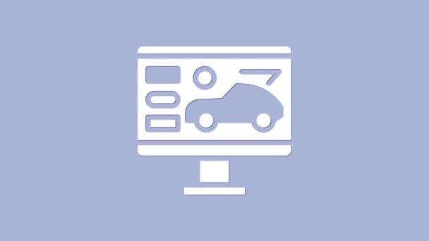 Blanco Hardware diagnóstico condición del icono del coche aislado sobre fondo púrpura. Servicio de coches y piezas de reparación. Animación gráfica de vídeo 4K — Vídeo de stock