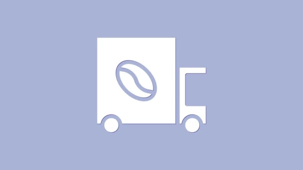 Café blanco camión calle icono de la máquina aislado sobre fondo púrpura. Café de reparto. Animación gráfica de vídeo 4K — Vídeos de Stock