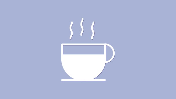 Ícone copo de café branco isolado no fundo roxo. Uma chávena. Café quente. Animação gráfica em movimento de vídeo 4K — Vídeo de Stock