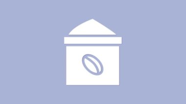 Mor arkaplanda beyaz kahve torbası simgesi var. 4K Video hareketli grafik canlandırması