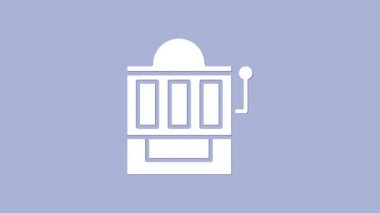 Beyaz Slot makinesi simgesi mor arkaplanda izole edildi. 4K Video hareketli grafik canlandırması