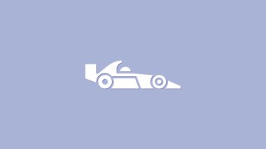 Beyaz Formula 1 yarış arabası ikonu mor arka planda izole edildi. 4K Video hareketli grafik canlandırması