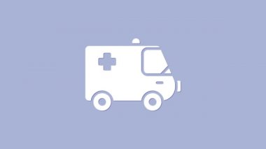 Beyaz ambulans ve acil durum arabası ikonu mor arka planda izole edildi. Ambulans aracı tıbbi tahliye. 4K Video hareketli grafik canlandırması