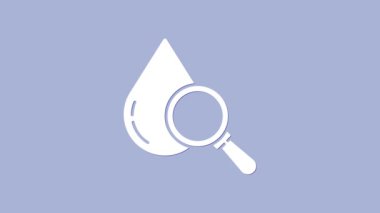 Beyaz damla ve büyüteç simgesi mor arkaplanda izole edilmiş. 4K Video hareketli grafik canlandırması