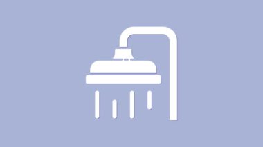 Mor zemin üzerinde su damlaları akan bir ikon bulunan beyaz duş başlığı. 4K Video hareketli grafik canlandırması