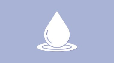 Mor arkaplanda beyaz su damlası simgesi izole edildi. 4K Video hareketli grafik canlandırması