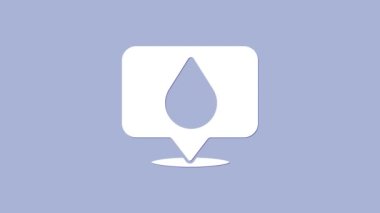 Mor arkaplanda konum simgesi olan beyaz su damlası. 4K Video hareketli grafik canlandırması