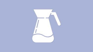 Mor zemin üzerinde su ikonu olan beyaz sürahi bardaklar. Su için çaydanlık. İçme suyu dolu cam sürahi. 4K Video hareketli grafik canlandırması