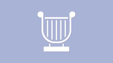 Beyaz Antik Yunan lir ikonu, mor arka planda izole edilmiş. Klasik müzik enstrümanı, orkestra akustik elementi. 4K Video hareketli grafik canlandırması