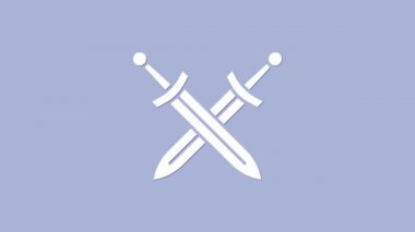 Beyaz Haçlı Ortaçağ kılıç ikonu, mor arka planda izole edilmiş. Ortaçağ silahı. 4K Video hareketli grafik canlandırması