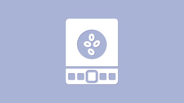 Branco Eletrônico café escalas ícone isolado no fundo roxo. Equipamento de medida de peso. Animação gráfica em movimento de vídeo 4K — Vídeo de Stock