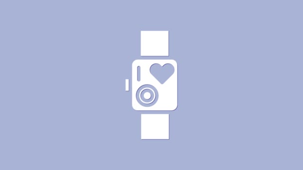 Bílé Chytré hodinky zobrazující ikonu tepové frekvence izolované na fialovém pozadí. Koncept Fitness App. Grafická animace pohybu videa 4K — Stock video