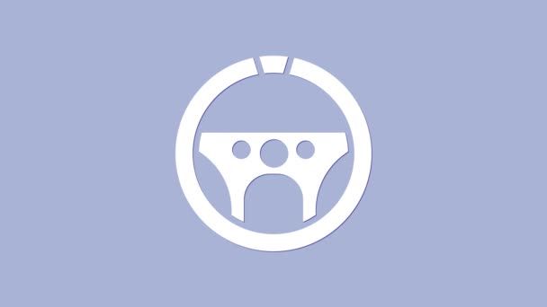 Icono blanco del volante aislado sobre fondo púrpura. Icono de rueda de coche. Animación gráfica de vídeo 4K — Vídeo de stock