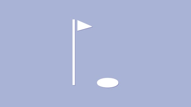 Icono de bandera de golf blanco aislado sobre fondo púrpura. Equipo de golf o accesorio. Animación gráfica de vídeo 4K — Vídeo de stock