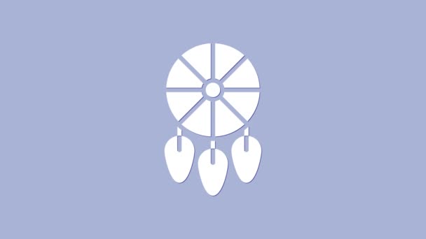 White Dream catcher com penas ícone isolado no fundo roxo. Animação gráfica em movimento de vídeo 4K — Vídeo de Stock