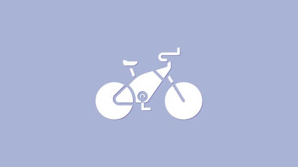 Λευκό ποδήλατο εικονίδιο απομονώνονται σε μωβ φόντο. Αγώνας ποδηλάτων. Ακραίο άθλημα. Αθλητικός εξοπλισμός. 4K Γραφική κίνηση κίνησης βίντεο — Αρχείο Βίντεο