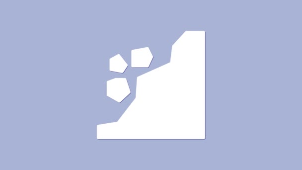 Biała ikona Landslide odizolowana na fioletowym tle. Kamienie spadają ze skały. Głazy zjeżdżają ze wzgórza. Upadek. 4K Animacja graficzna ruchu wideo — Wideo stockowe