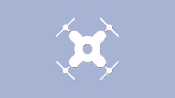 Ícone voador de drone branco isolado no fundo roxo. Quadrocopter com símbolo de câmera de vídeo e foto. Animação gráfica em movimento de vídeo 4K — Vídeo de Stock