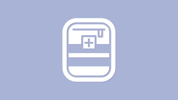 Піктограма першої допомоги білого кольору ізольована на фіолетовому фоні. Медична коробка з хрестом. Медичне обладнання для екстреної допомоги. Концепція охорони здоров'я. 4K Відео рух графічна анімація — стокове відео