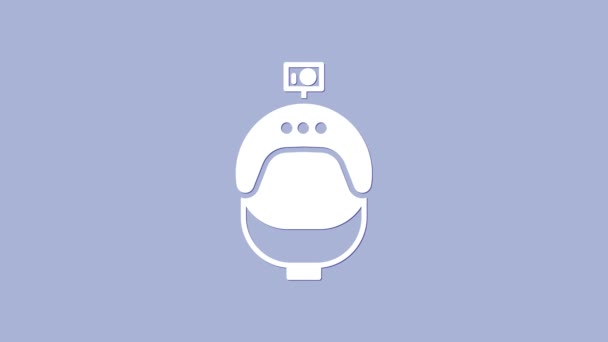 紫色の背景に隔離されたホワイトヘルメットとアクションカメラのアイコン。4Kビデオモーショングラフィックアニメーション — ストック動画