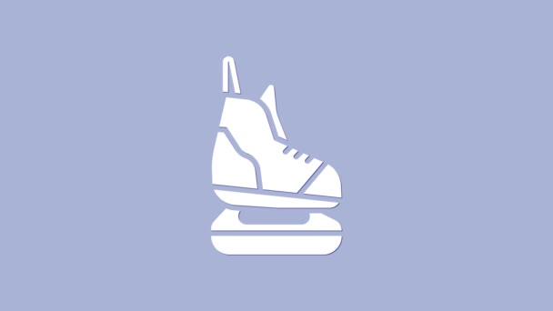 Icono de patines blancos aislado sobre fondo púrpura. Icono de zapatos de patín de hielo. Botas deportivas con cuchillas. Animación gráfica de vídeo 4K — Vídeo de stock