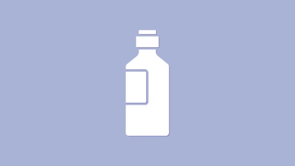 Bílá láhev vody ikona izolované na fialovém pozadí. Nápis se sodovkou. Grafická animace pohybu videa 4K — Stock video